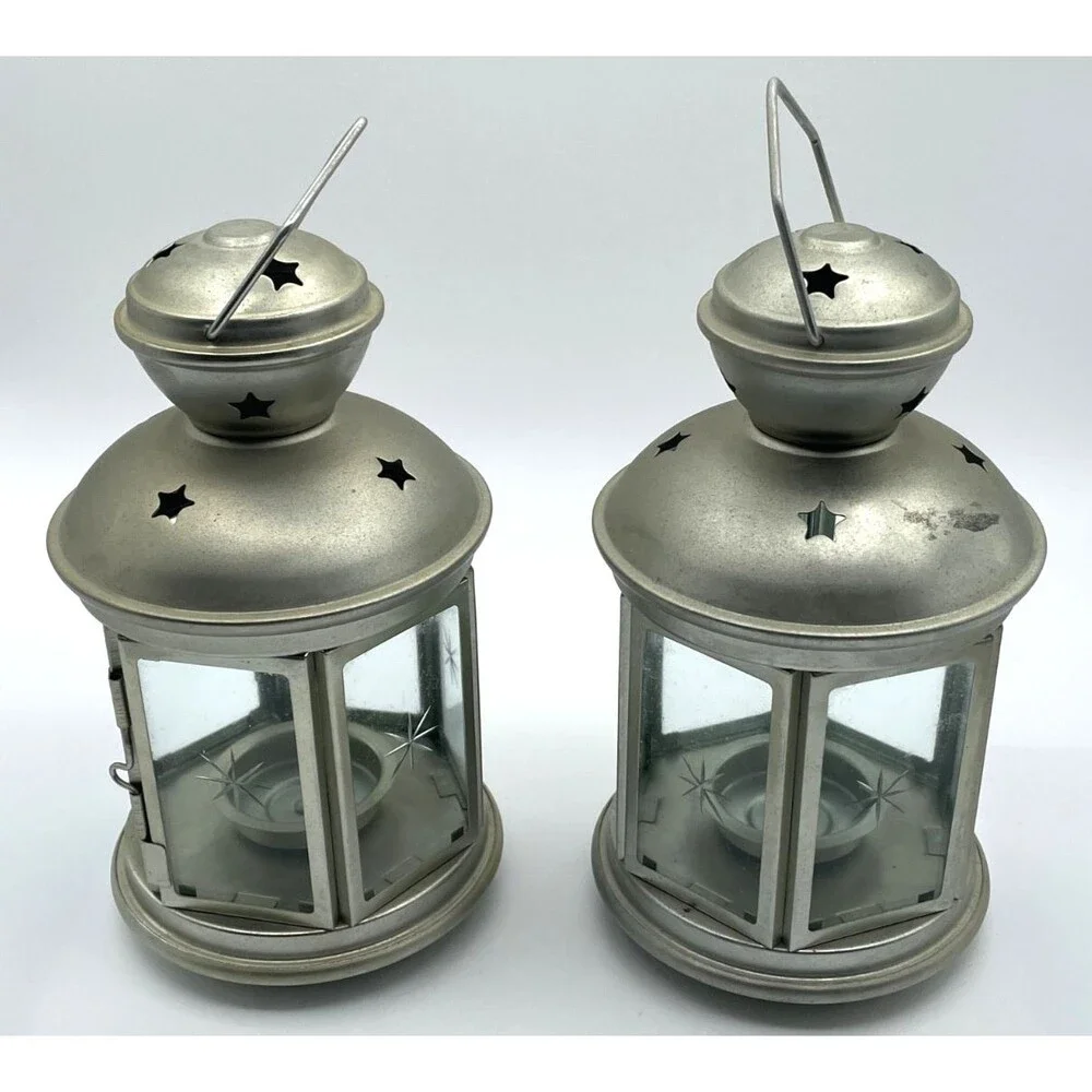 Set of 2 IKEA Rotera Hanging Lanterns Tea Light Candle Holder Metal & Glass